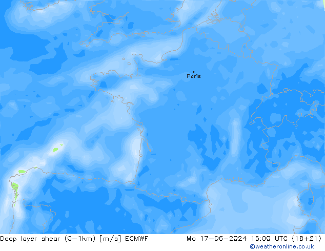 Deep layer shear (0-1km) ECMWF пн 17.06.2024 15 UTC
