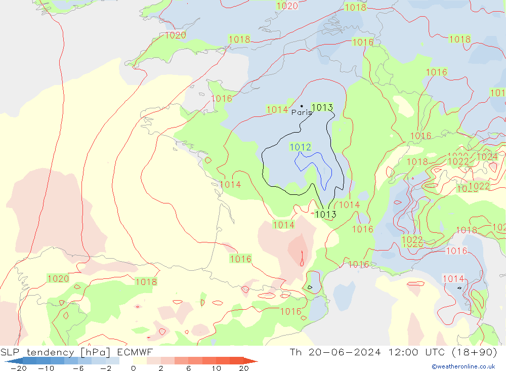 Druktendens (+/-) ECMWF do 20.06.2024 12 UTC