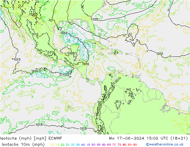 Isotachs (mph) ECMWF пн 17.06.2024 15 UTC