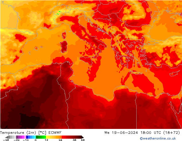 Temperature (2m) ECMWF We 19.06.2024 18 UTC