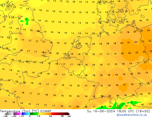 Temperature (2m) ECMWF Su 16.06.2024 18 UTC
