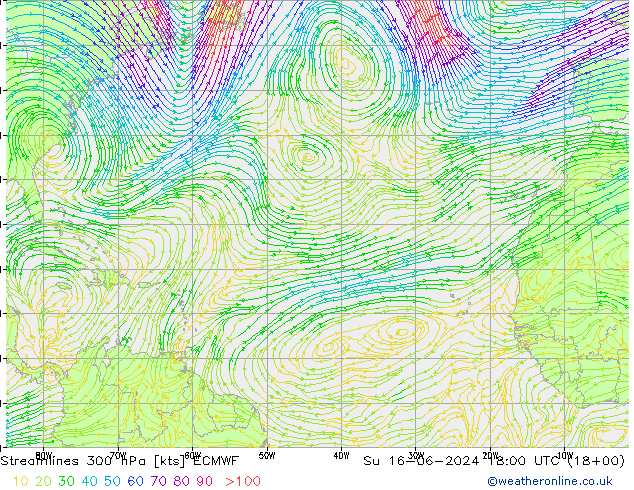 Ligne de courant 300 hPa ECMWF dim 16.06.2024 18 UTC