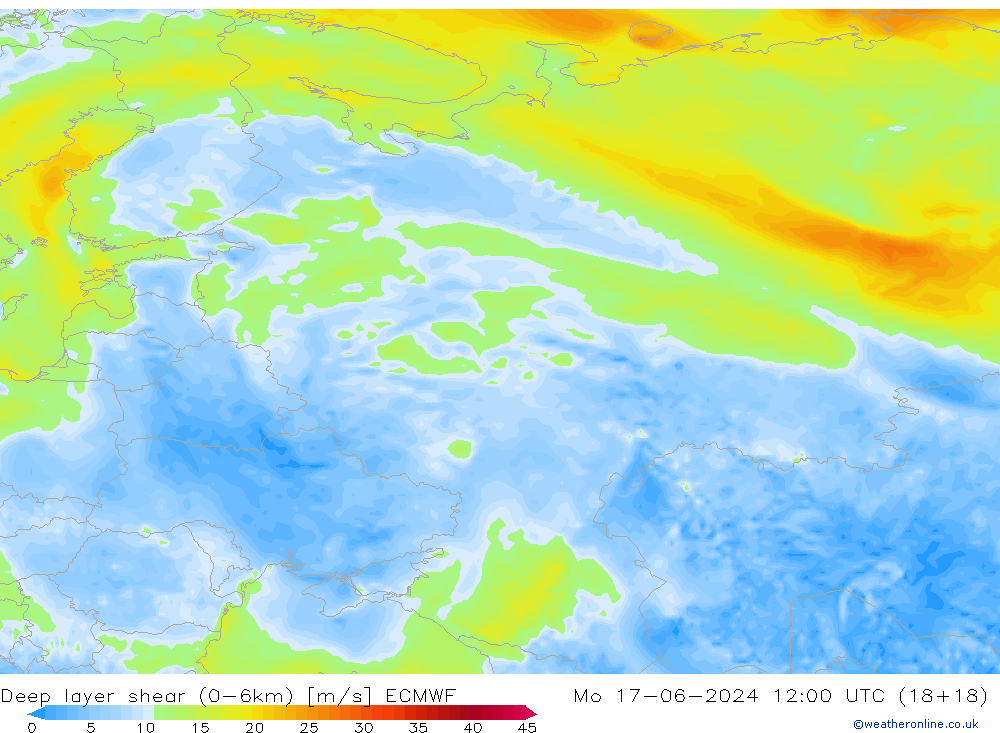 Deep layer shear (0-6km) ECMWF lun 17.06.2024 12 UTC