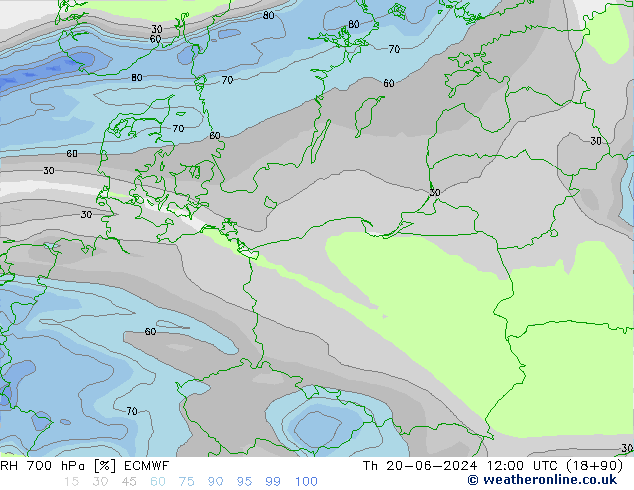Humidité rel. 700 hPa ECMWF jeu 20.06.2024 12 UTC