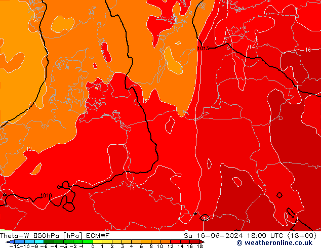 Theta-W 850hPa ECMWF Ne 16.06.2024 18 UTC