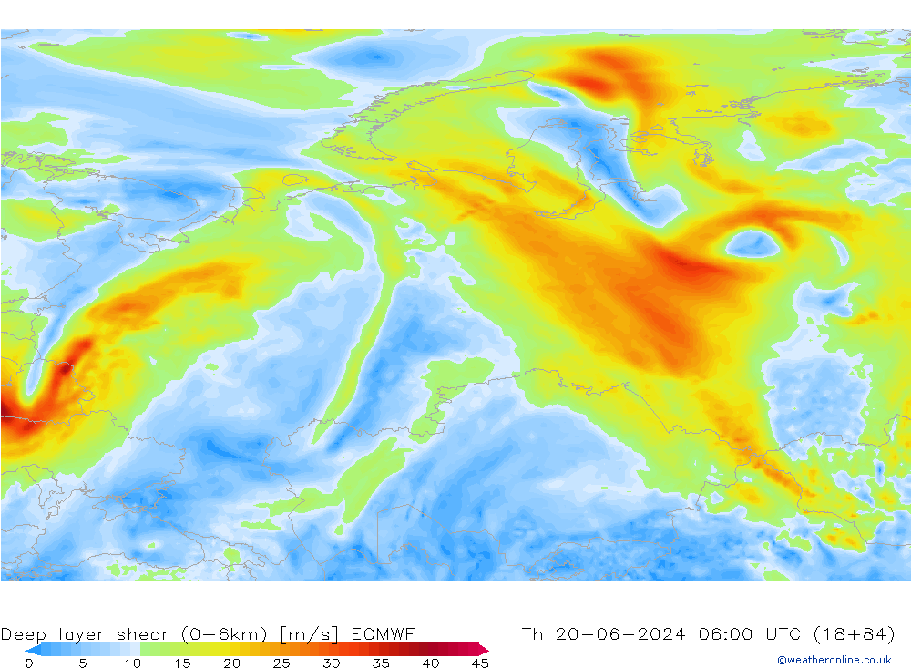 Deep layer shear (0-6km) ECMWF jeu 20.06.2024 06 UTC