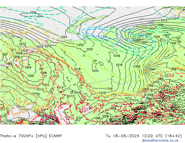Theta-e 700hPa ECMWF di 18.06.2024 12 UTC