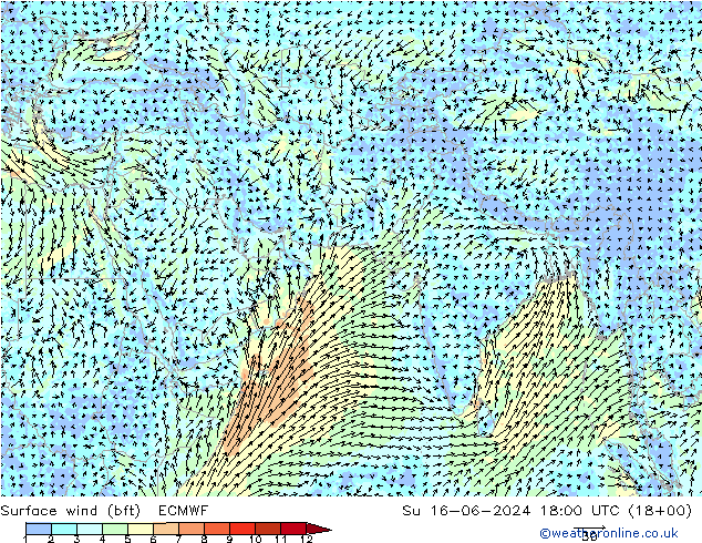Surface wind (bft) ECMWF Su 16.06.2024 18 UTC