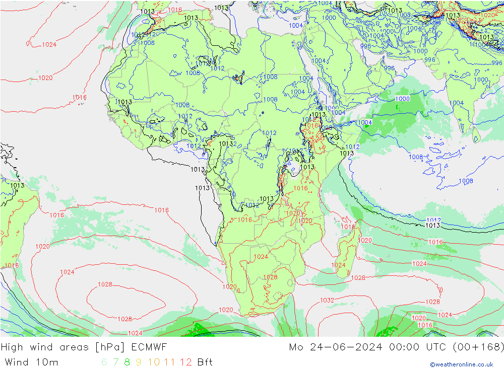 yüksek rüzgarlı alanlar ECMWF Pzt 24.06.2024 00 UTC