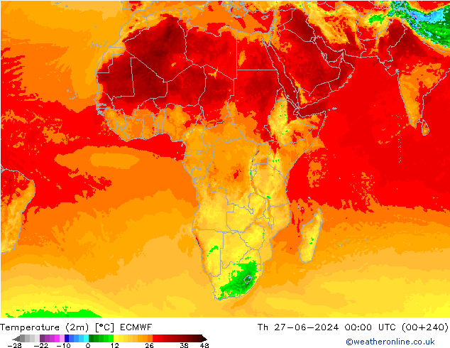 Temperature (2m) ECMWF Th 27.06.2024 00 UTC