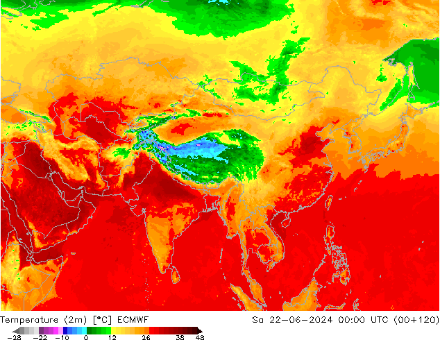 Temperature (2m) ECMWF Sa 22.06.2024 00 UTC