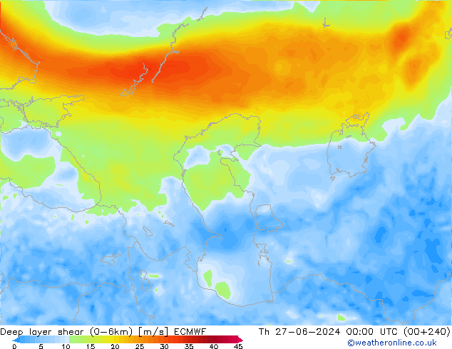 Deep layer shear (0-6km) ECMWF чт 27.06.2024 00 UTC