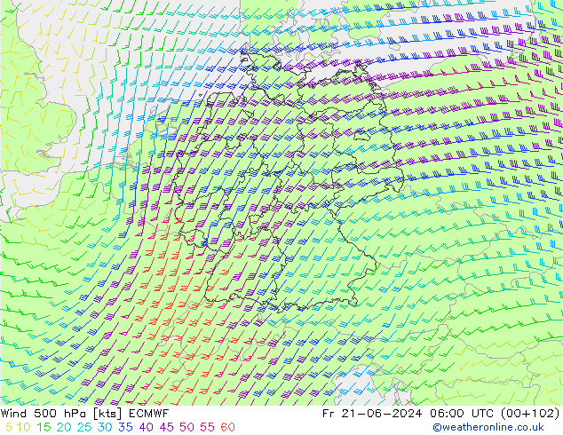 Rüzgar 500 hPa ECMWF Cu 21.06.2024 06 UTC