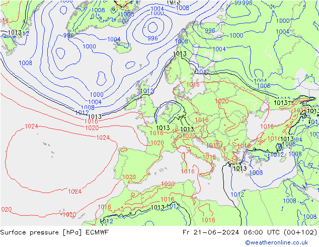 Luchtdruk (Grond) ECMWF vr 21.06.2024 06 UTC