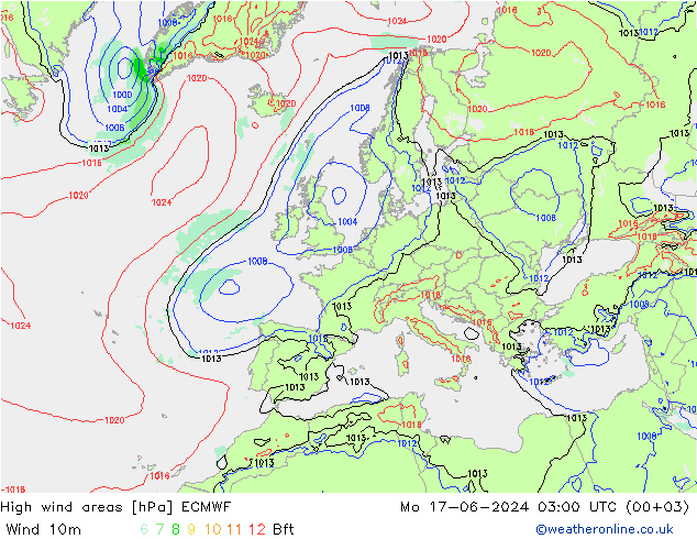 High wind areas ECMWF lun 17.06.2024 03 UTC