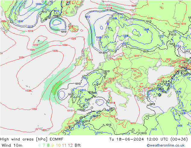 yüksek rüzgarlı alanlar ECMWF Sa 18.06.2024 12 UTC