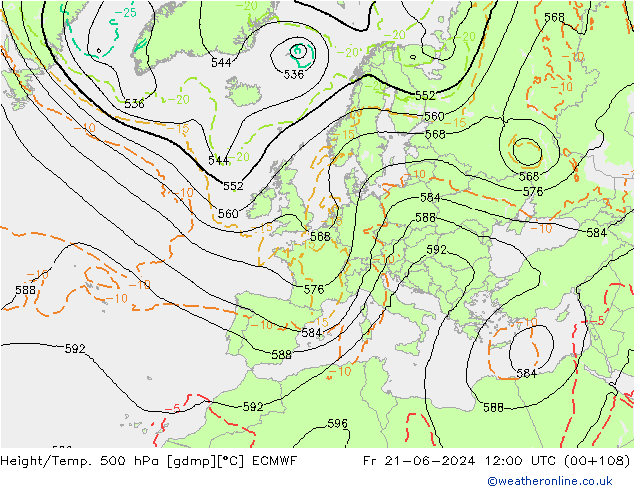Hoogte/Temp. 500 hPa ECMWF vr 21.06.2024 12 UTC