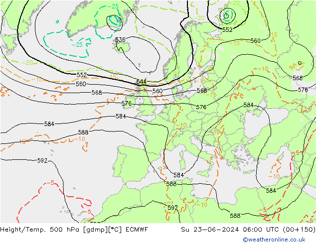 Hoogte/Temp. 500 hPa ECMWF zo 23.06.2024 06 UTC