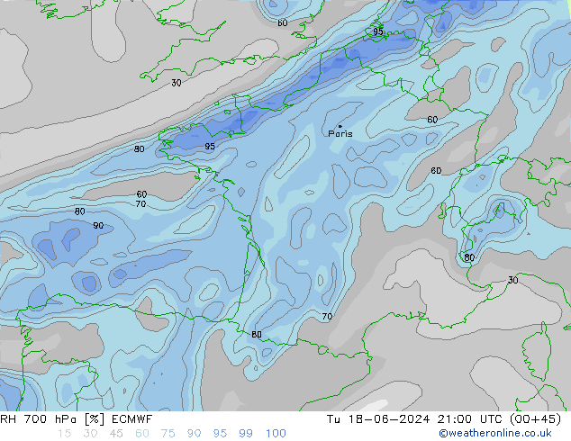 Humidité rel. 700 hPa ECMWF mar 18.06.2024 21 UTC