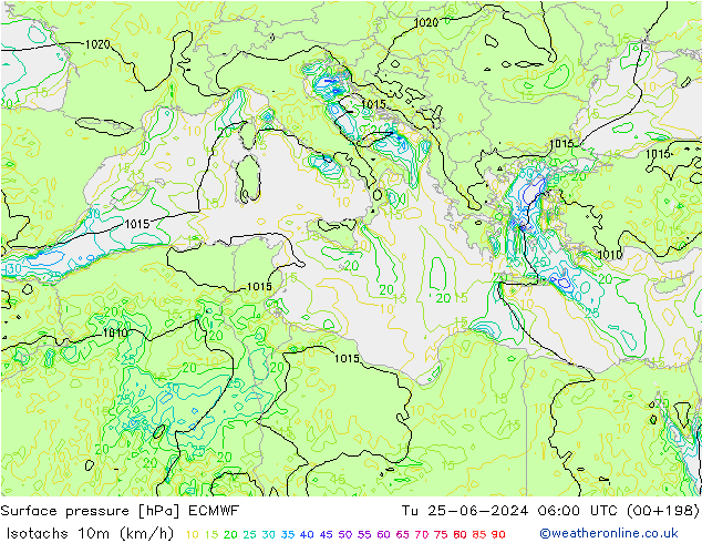 Isotachs (kph) ECMWF mar 25.06.2024 06 UTC