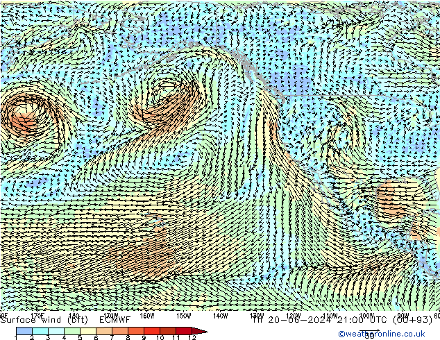 Bodenwind (bft) ECMWF Do 20.06.2024 21 UTC