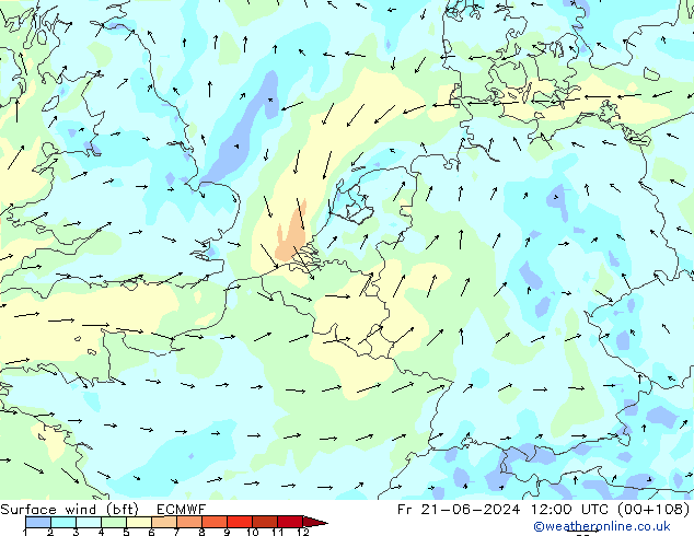 Surface wind (bft) ECMWF Fr 21.06.2024 12 UTC