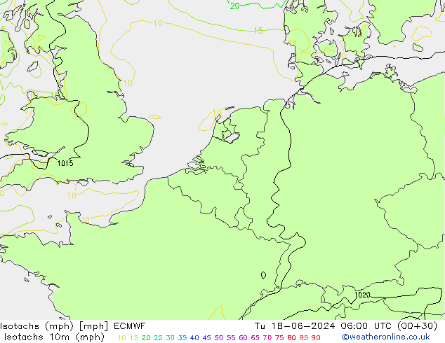 Izotacha (mph) ECMWF wto. 18.06.2024 06 UTC