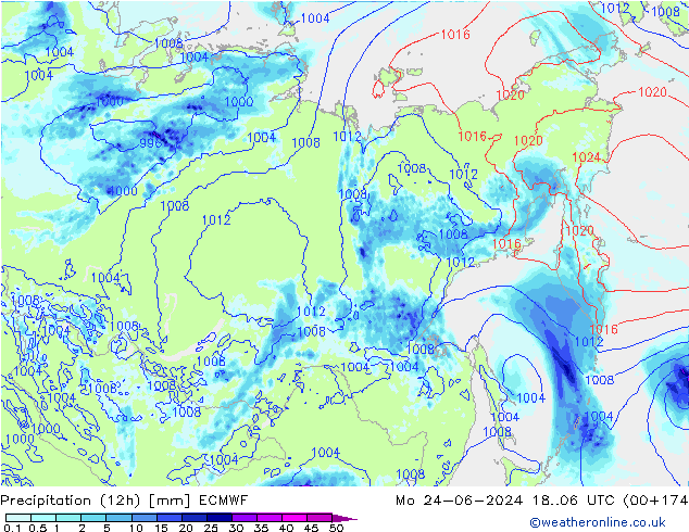 Precipitation (12h) ECMWF Po 24.06.2024 06 UTC