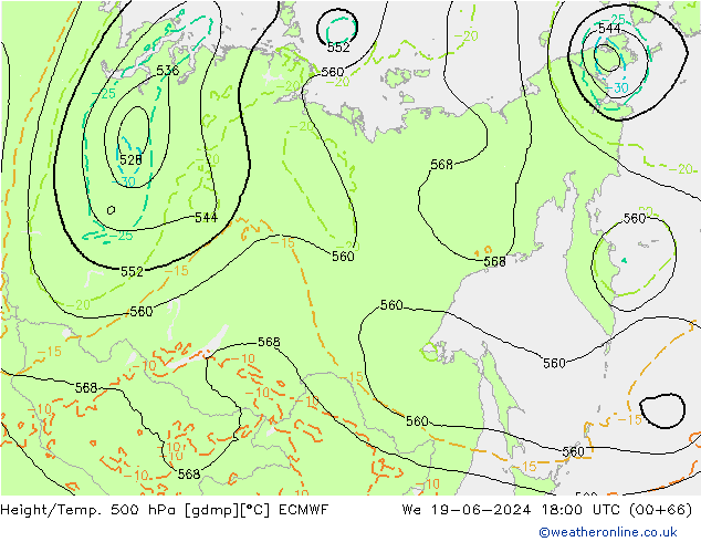 Z500/Yağmur (+YB)/Z850 ECMWF Çar 19.06.2024 18 UTC