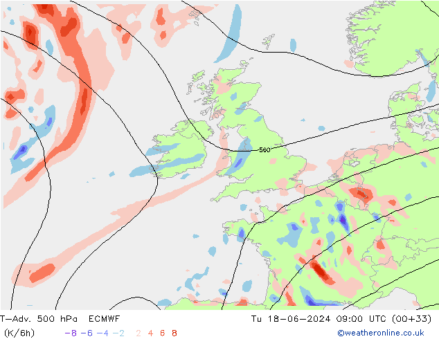 T-Adv. 500 hPa ECMWF Di 18.06.2024 09 UTC