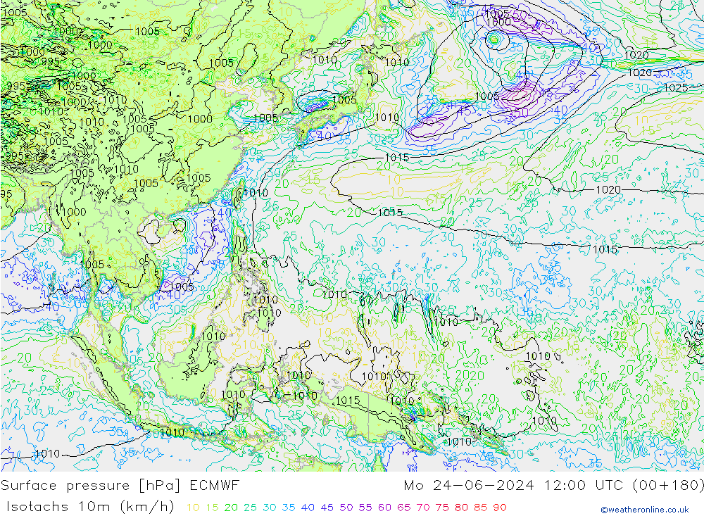 Isotachs (kph) ECMWF Mo 24.06.2024 12 UTC