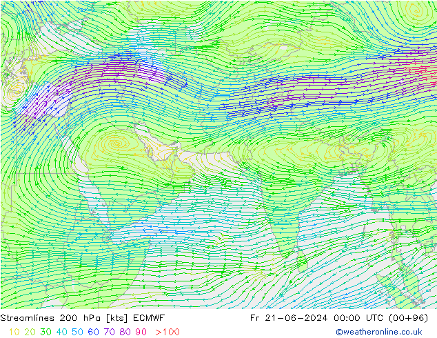 Rüzgar 200 hPa ECMWF Cu 21.06.2024 00 UTC