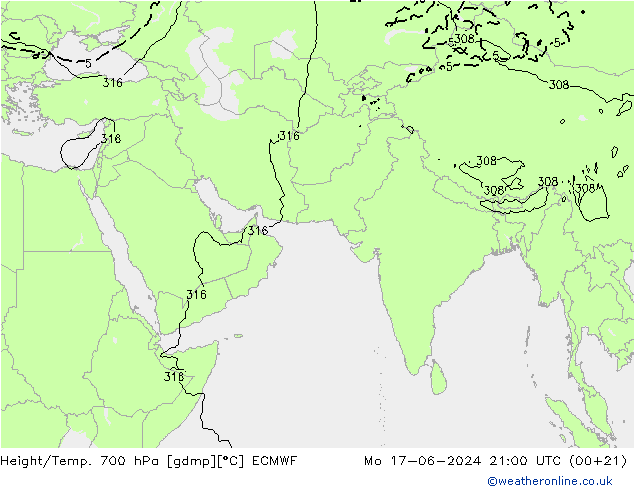 Geop./Temp. 700 hPa ECMWF lun 17.06.2024 21 UTC