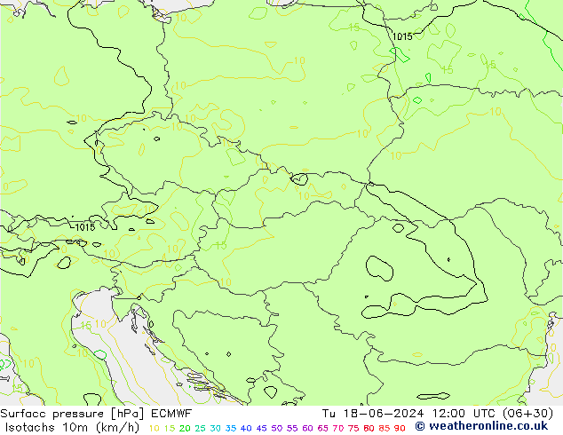Izotacha (km/godz) ECMWF wto. 18.06.2024 12 UTC