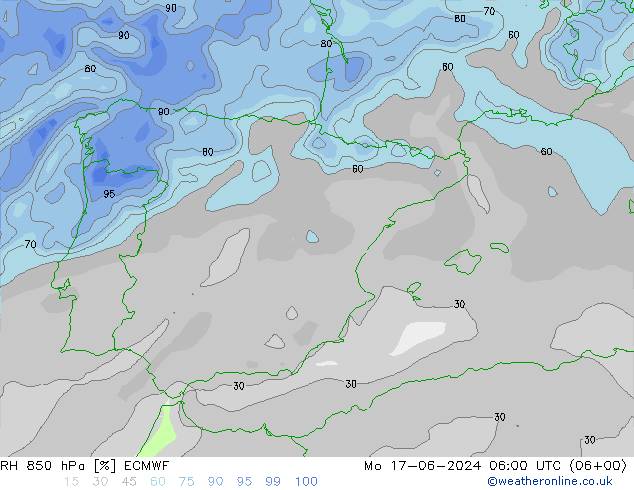 Humidité rel. 850 hPa ECMWF lun 17.06.2024 06 UTC