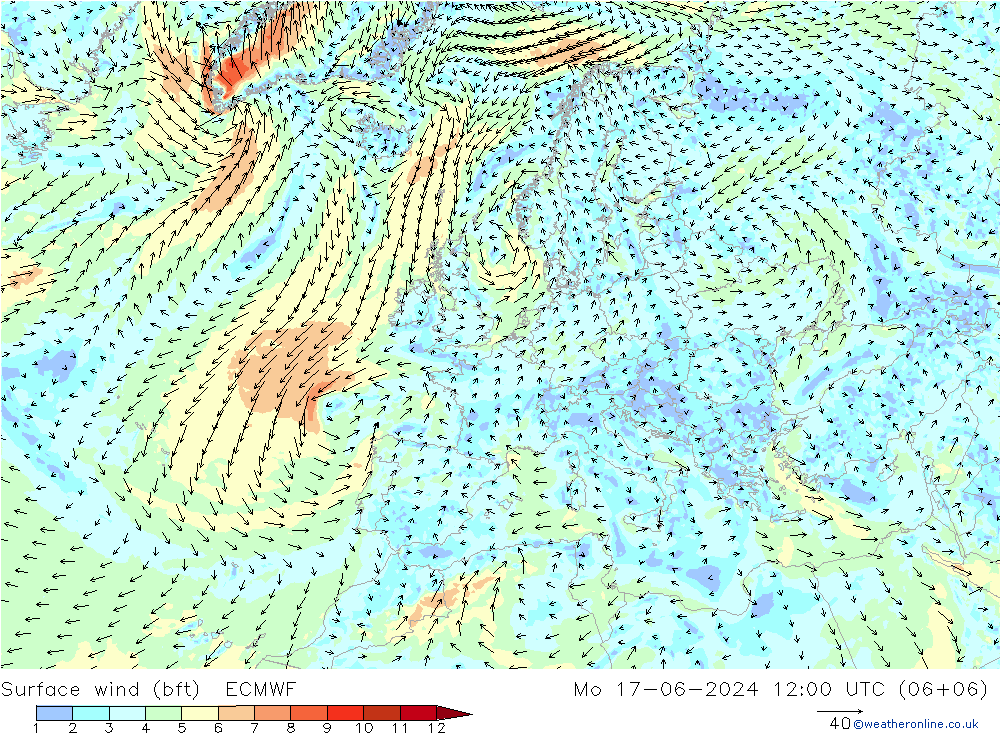 Surface wind (bft) ECMWF Po 17.06.2024 12 UTC