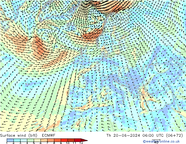 Surface wind (bft) ECMWF Th 20.06.2024 06 UTC