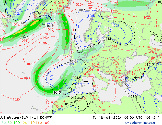 高速氣流/地面气压 ECMWF 星期二 18.06.2024 06 UTC