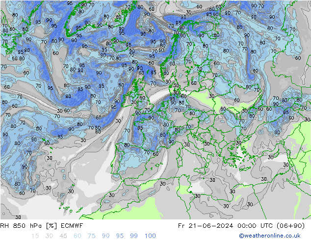 Humidité rel. 850 hPa ECMWF ven 21.06.2024 00 UTC