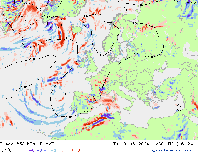 T-Adv. 850 hPa ECMWF mar 18.06.2024 06 UTC