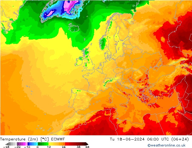 Temperatuurkaart (2m) ECMWF di 18.06.2024 06 UTC
