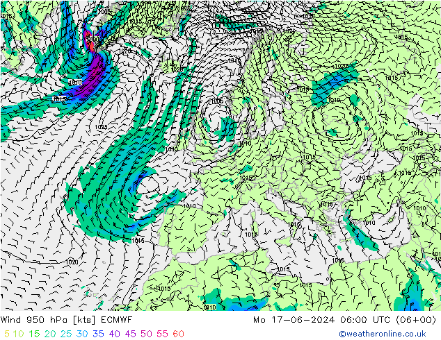 Wind 950 hPa ECMWF Mo 17.06.2024 06 UTC