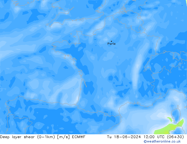 Deep layer shear (0-1km) ECMWF mar 18.06.2024 12 UTC