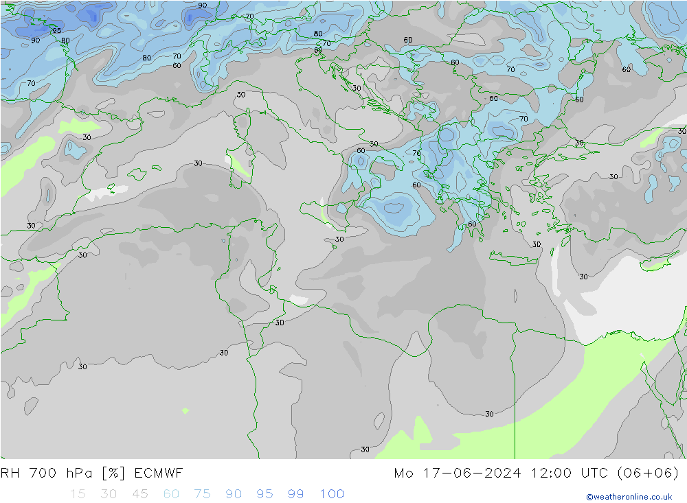 Humedad rel. 700hPa ECMWF lun 17.06.2024 12 UTC