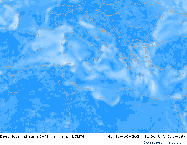 Deep layer shear (0-1km) ECMWF Pzt 17.06.2024 15 UTC
