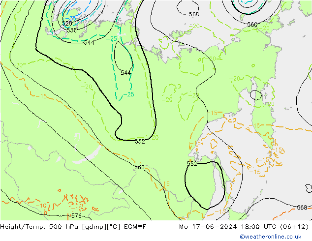 Height/Temp. 500 hPa ECMWF pon. 17.06.2024 18 UTC