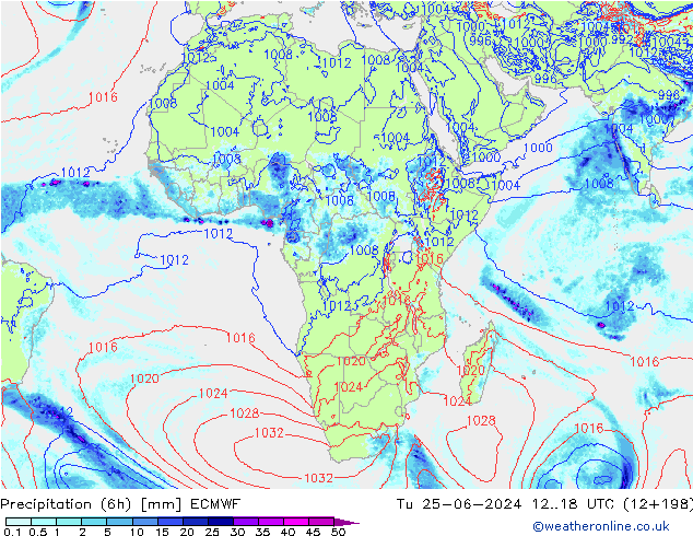 Precipitation (6h) ECMWF Tu 25.06.2024 18 UTC