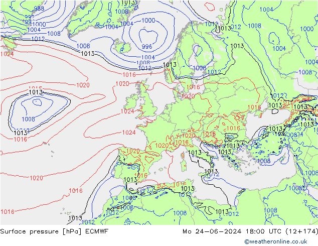Presión superficial ECMWF lun 24.06.2024 18 UTC