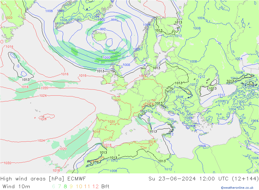 High wind areas ECMWF Su 23.06.2024 12 UTC