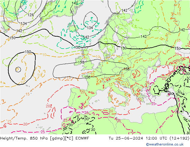 Z500/Rain (+SLP)/Z850 ECMWF Di 25.06.2024 12 UTC